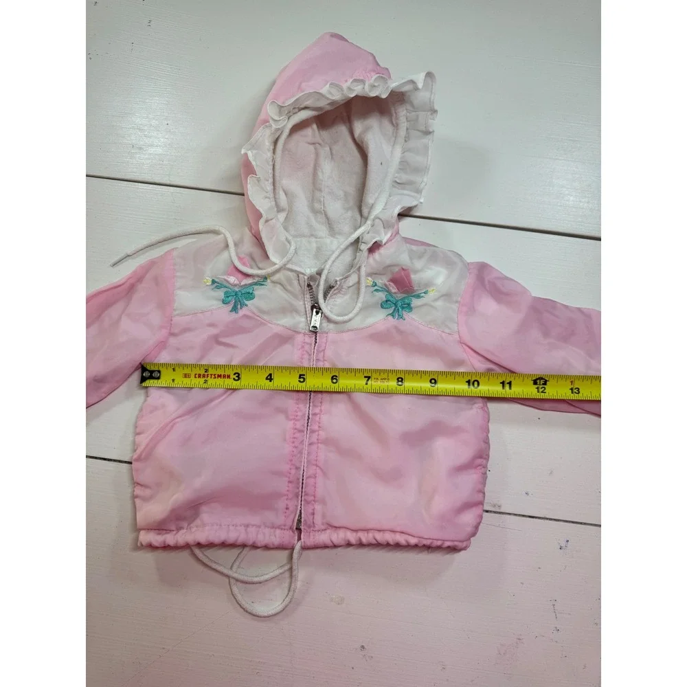 Vintage Pink Ruffle Hooded Windbreaker Jacket Floral Embroidery Baby Toddler